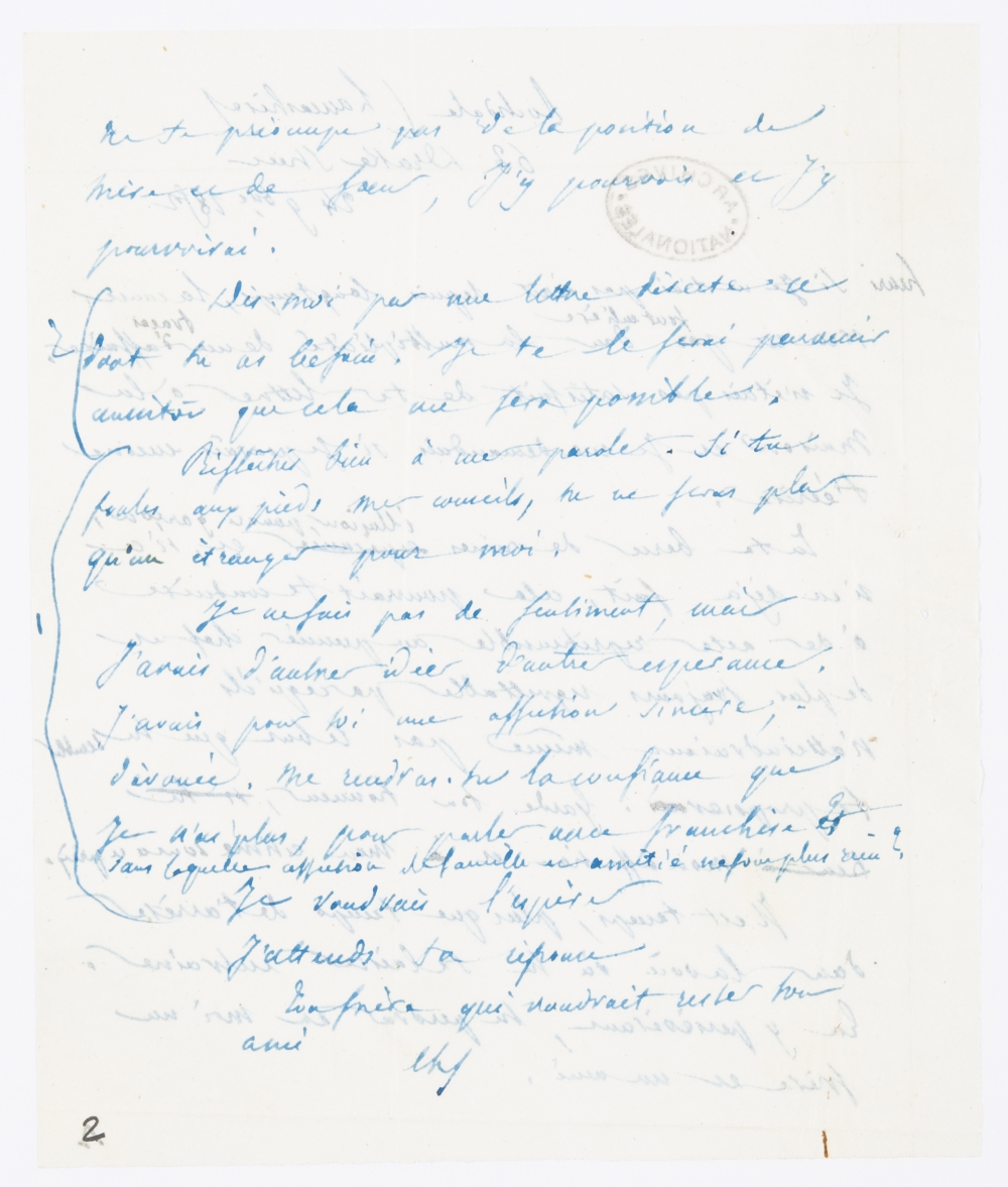 Archives nationales, 494AP/1, dossier 3 : lettre 8, page 2 : cliquer pour consulter l’image avec la visionneuse des Archives nationales