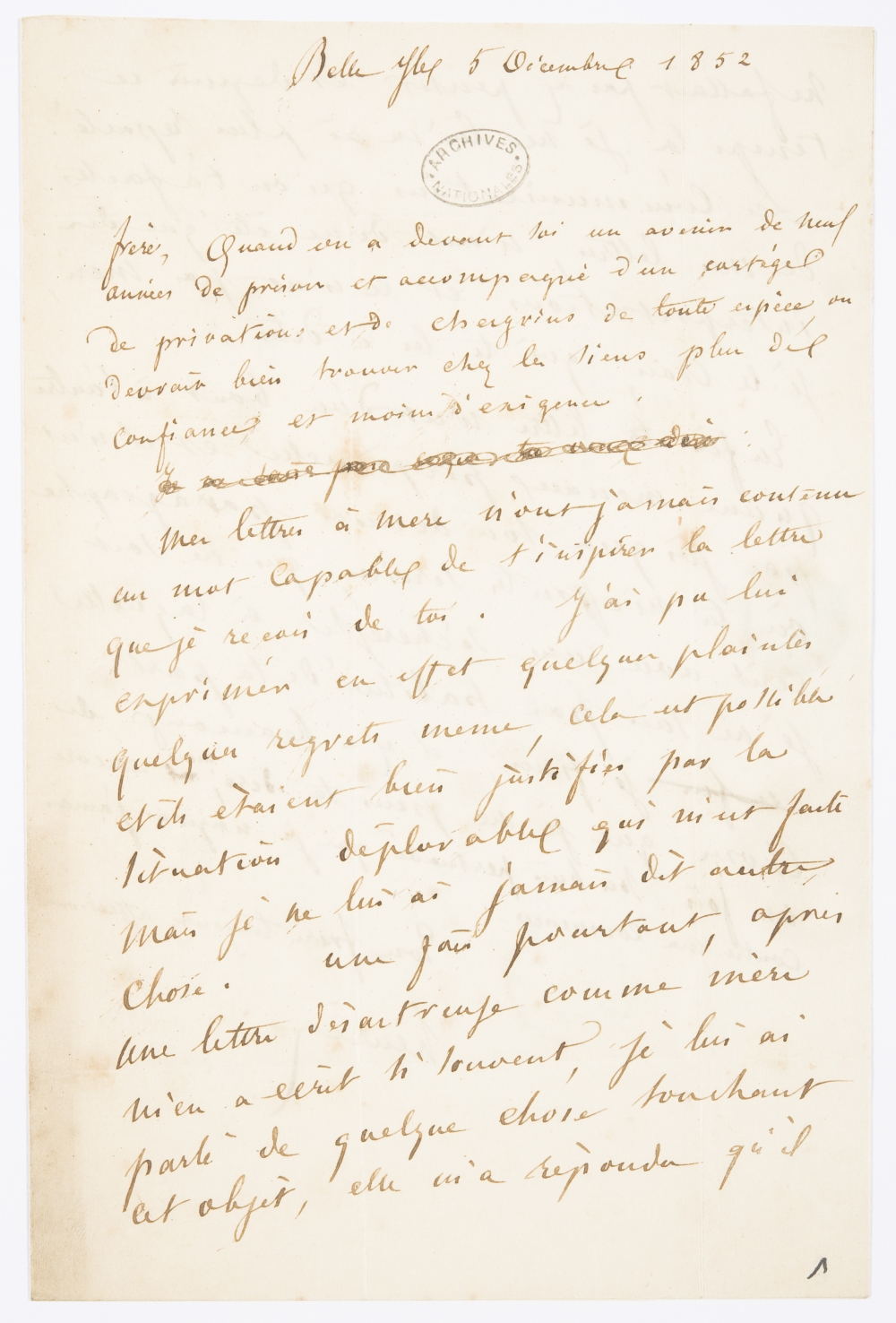 Archives nationales, 494AP/1, dossier 3 : lettre 9, page 1 : cliquer pour consulter l’image avec la visionneuse des Archives nationales