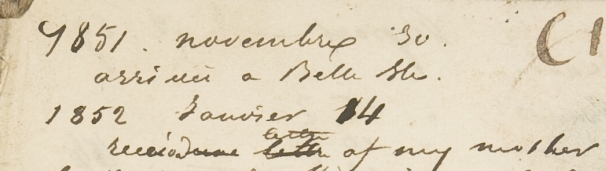 Les dates du 30 novembre 1851 et du 14 janvier 1852 (carnet 1, page 1)