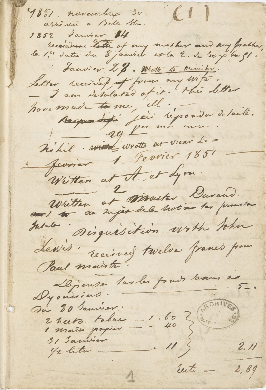 Exemple de la densité du texte (carnet 1, page 1)